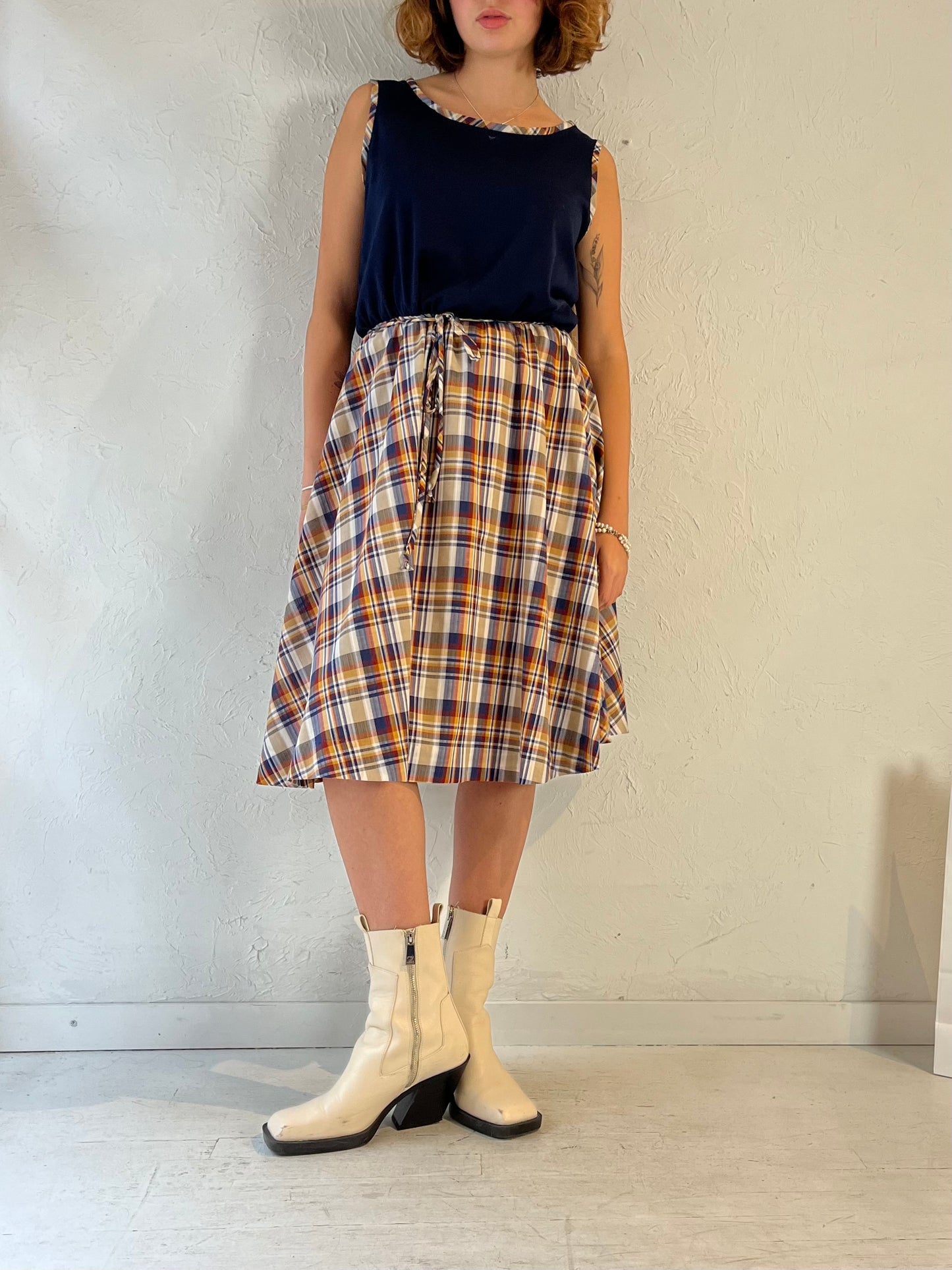 70s 'Toni Todd' Plaid Sleeveless Midi Dress / Medium