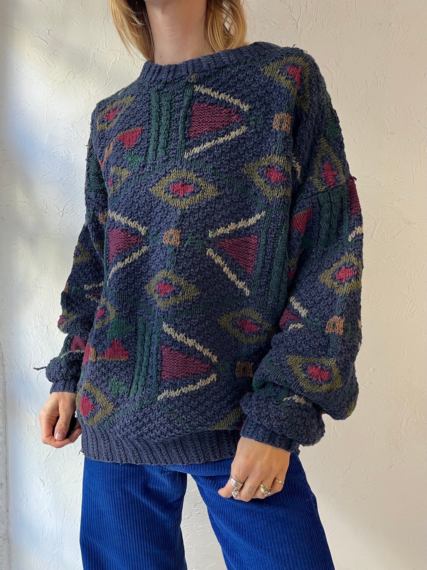 90s 'Boston Traders' Blue Cotton Ramie Knit Sweater / XL