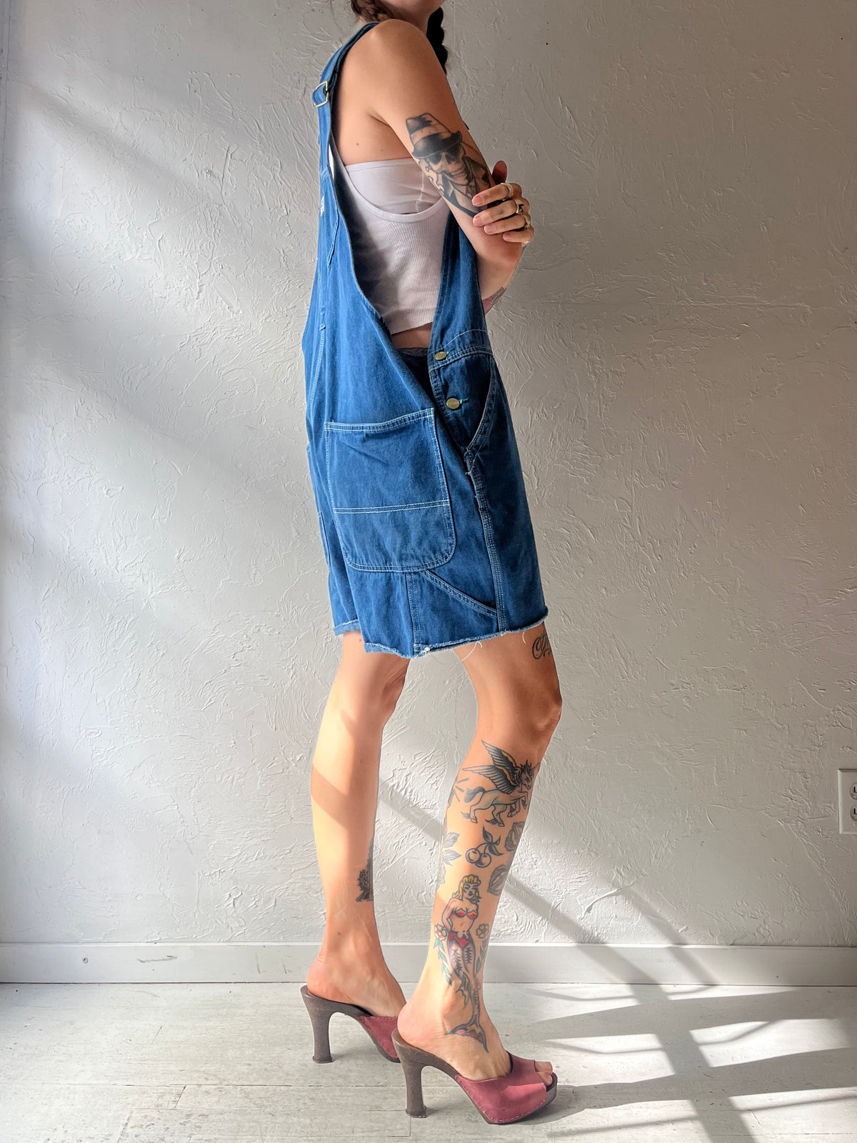Y2k 'Liberty' Blue Cotton Denim Dungarees Workwear Grunge Overall Shorts / XLarge