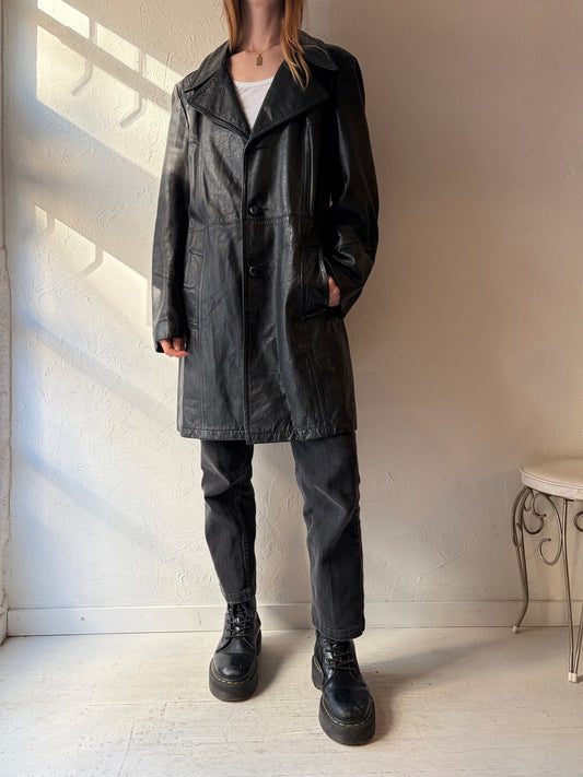 Vintage Black Leather Coat / Large