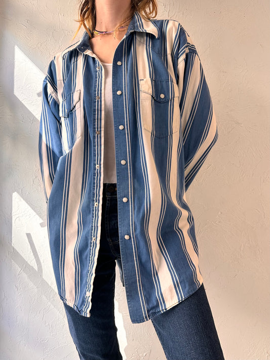 Vintage 'Wrangler' Blue and White Striped Pearl Snap Shirt / XL