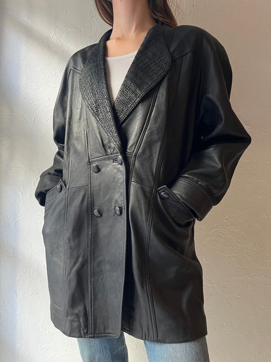 90s 'Candy' Black Leather Double Breasted Minimalist Grunge Jacket / Small