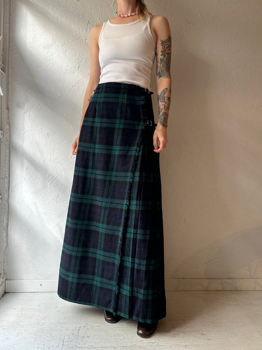 90s 'Laird-Portch' Pleated Navy Blue Plaid Wool Maxi Skirt / Small