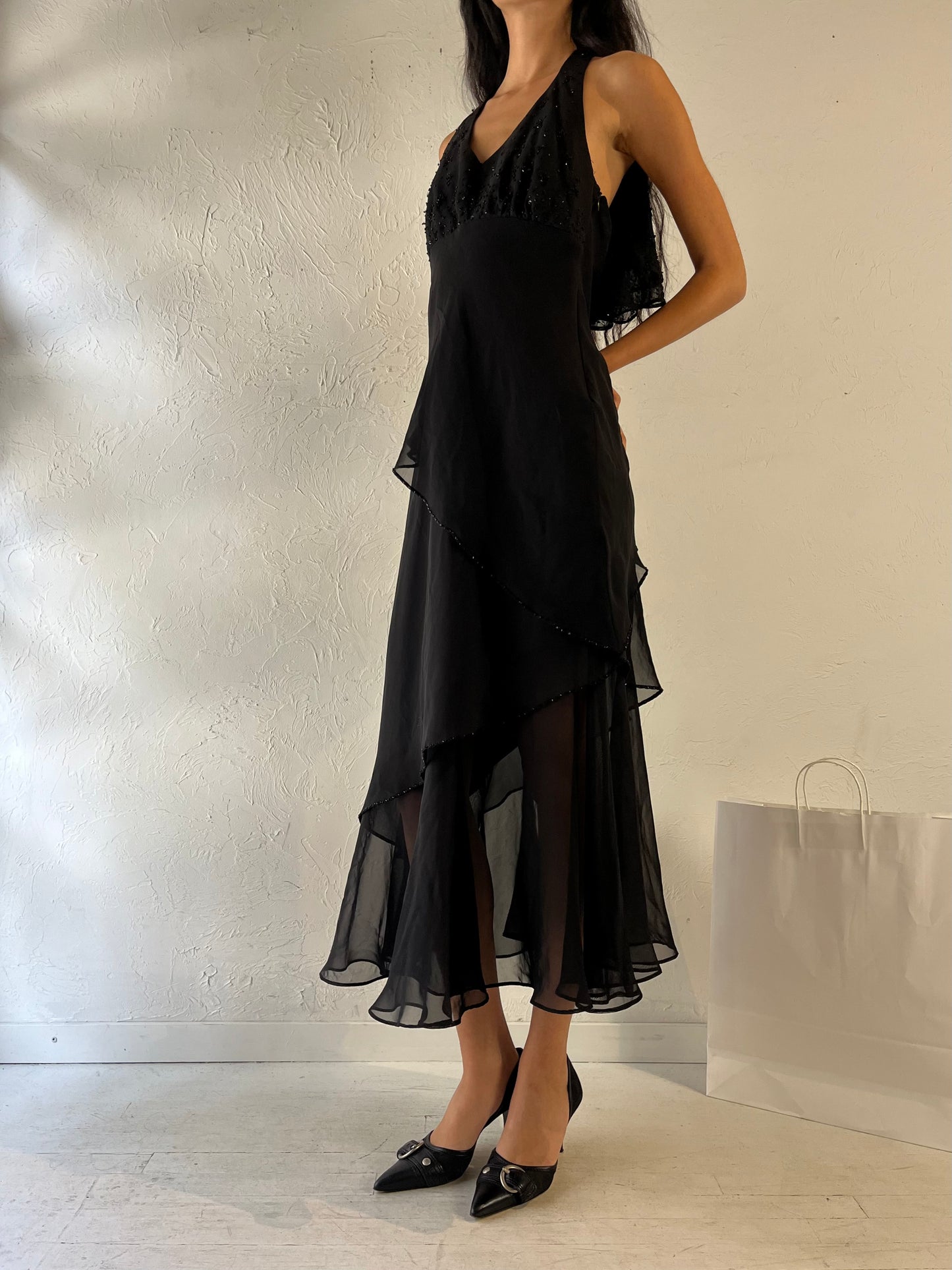 90s 'Jessica' Black Beaded Halter Dress / Small - Medium