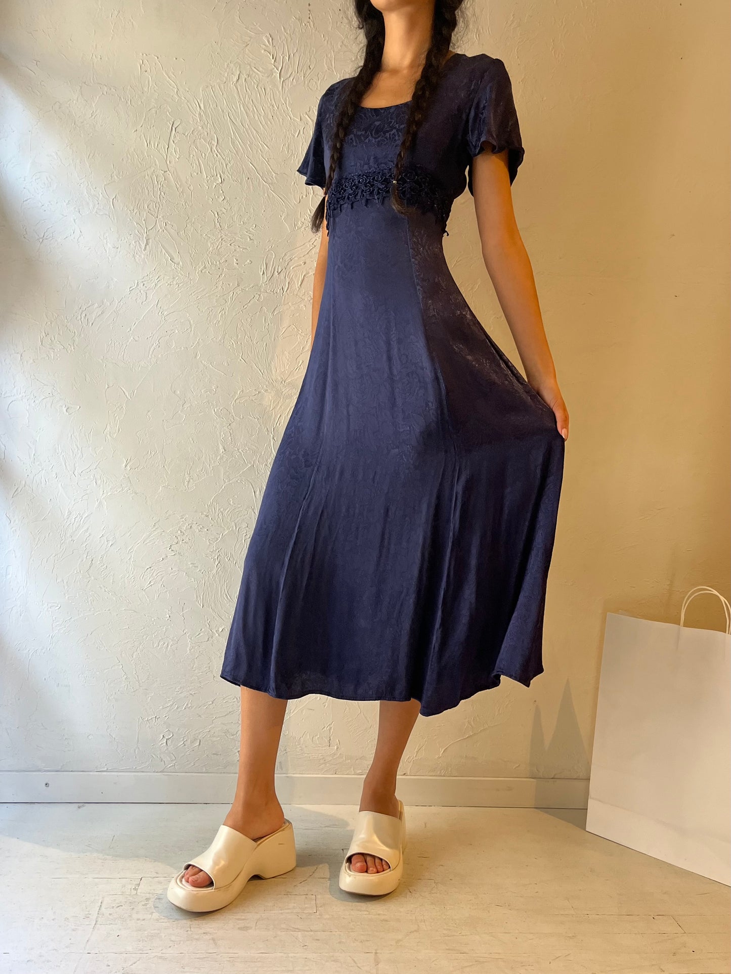 90s 'Jody' Navy Blue Silky Rayon Midi Dress / Small - Medium