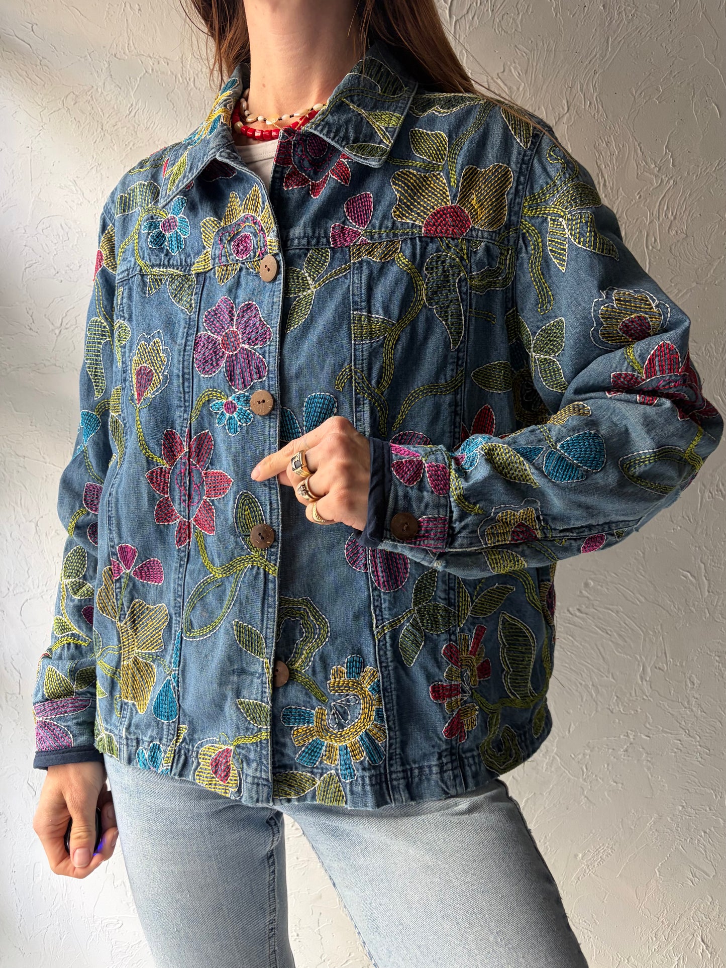 Y2k Floral Denim Retro Boho Jacket / 2000s Embroidered Cottagecore Jean Jacket / Large