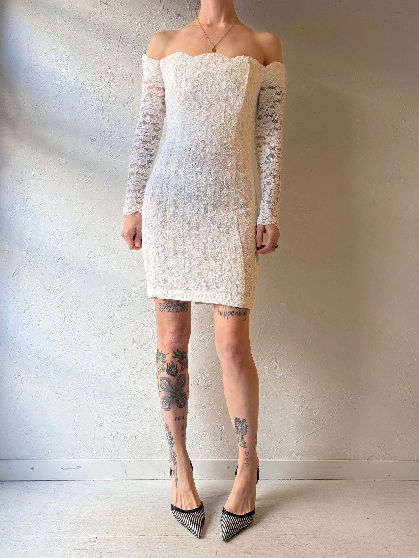 90s 'Onno' White Lace Mini Dress / Small