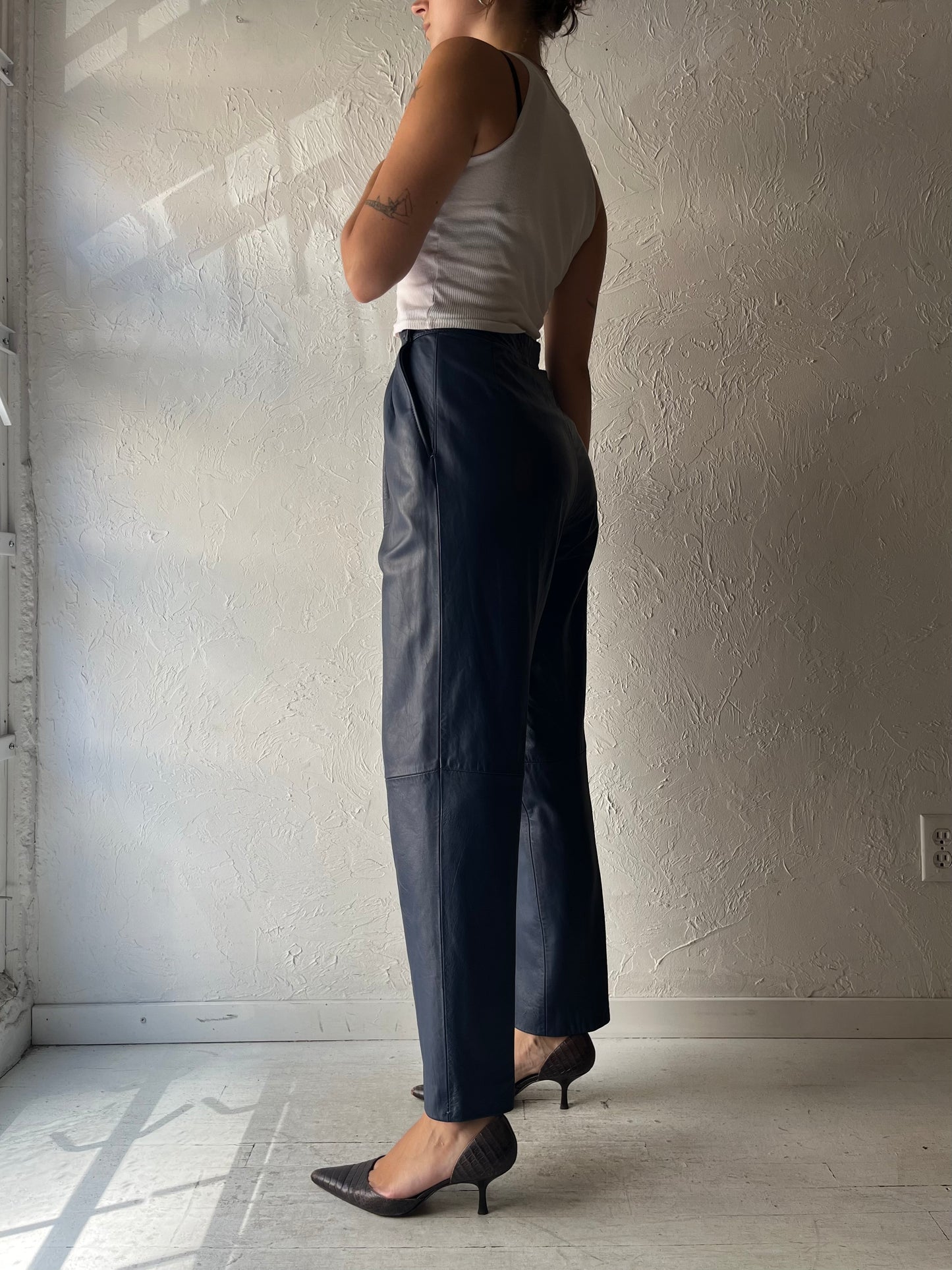 80s 'Marquis' Retro Blue Hight Waisted Leather Trouser Pants / Small