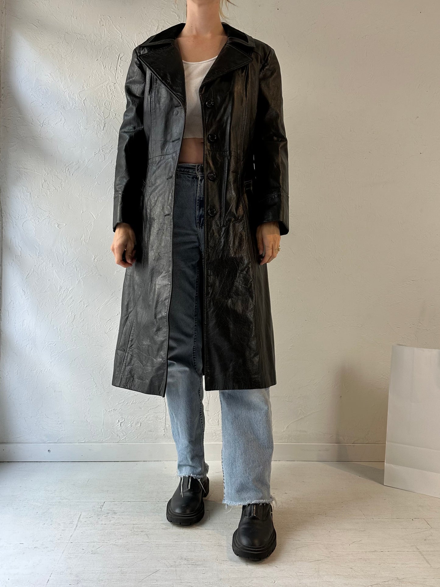 Vintage Black Leather Trench Coat / Medium