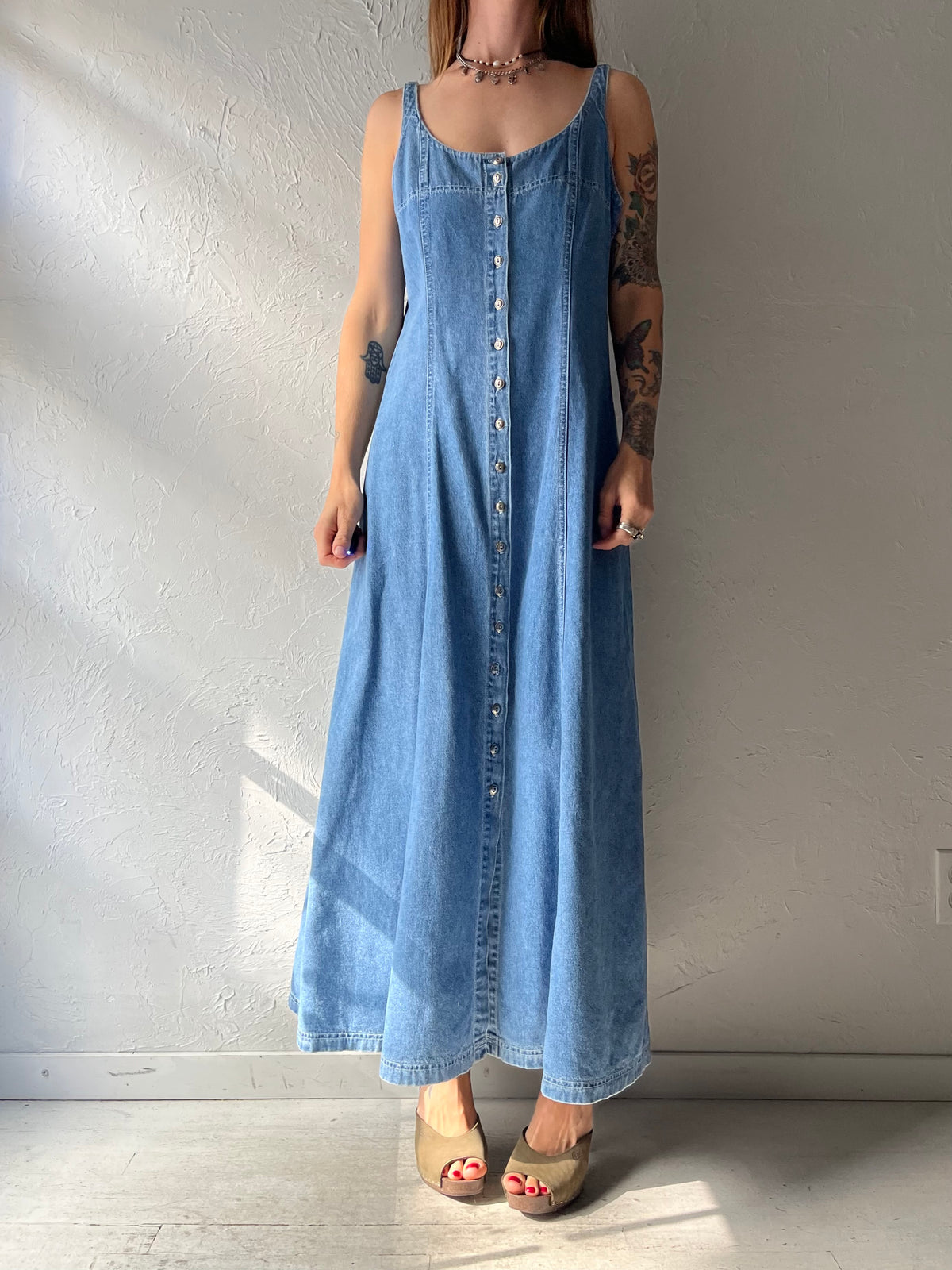 90s 'Survival' Denim Western Cottagecore Button Up Maxi Dress / Medium
