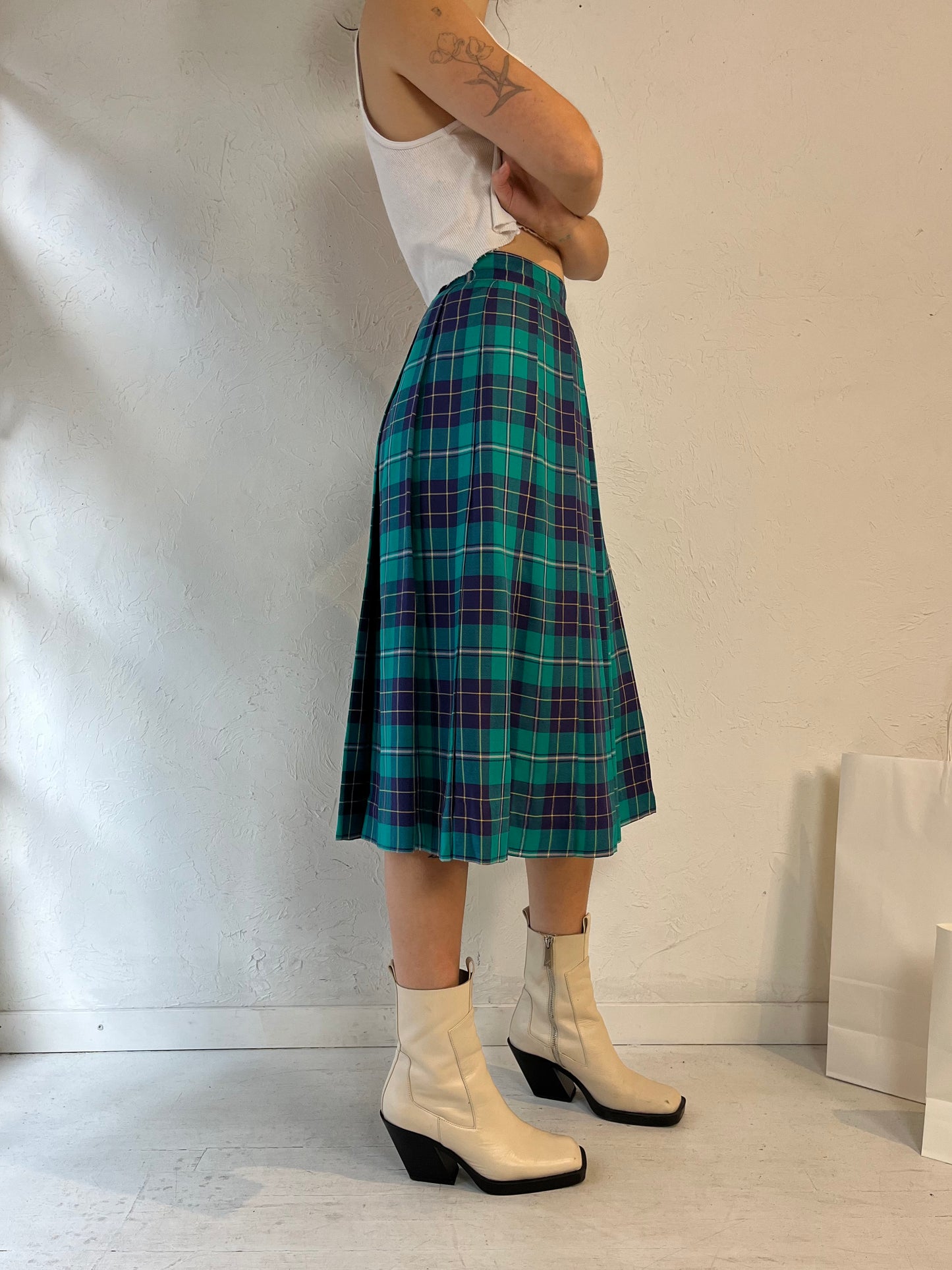 80s 'The Villagers' Teal Plaid Pleated Skirt / Small