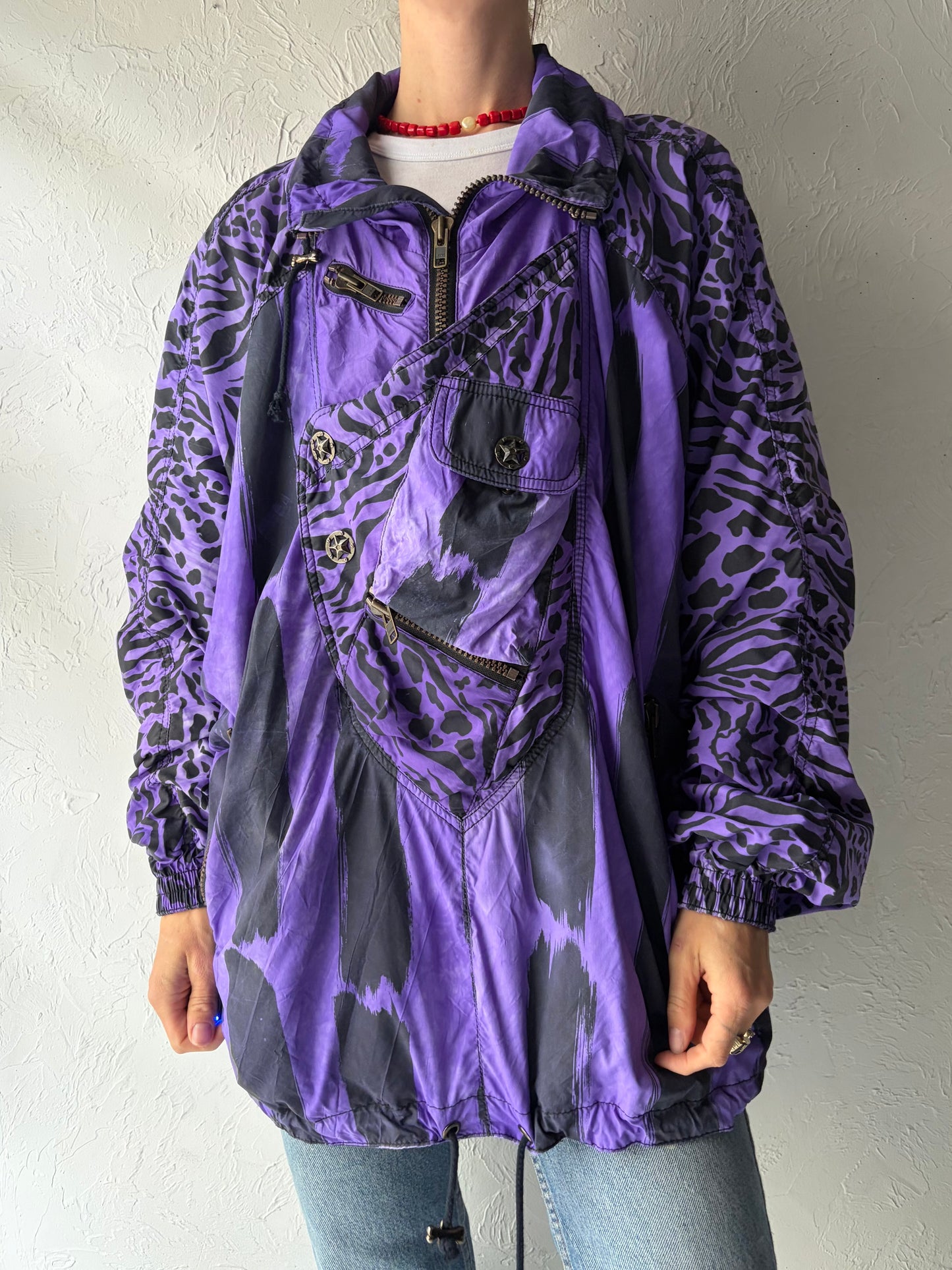 90s 'Dress the Bone' Purple Retro Bold Grunge Animal Print Pull Over Ski Jacket / Large