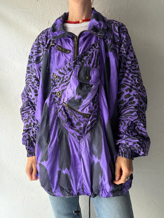 90s 'Dress the Bone' Purple Retro Bold Grunge Animal Print Pull Over Ski Jacket / Large