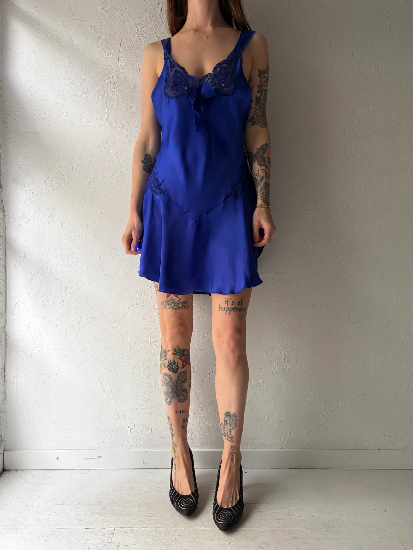 90s 'Ashley Taylor' Vintage Romantic Blue Lingerie Slip Mini Dress / Medium