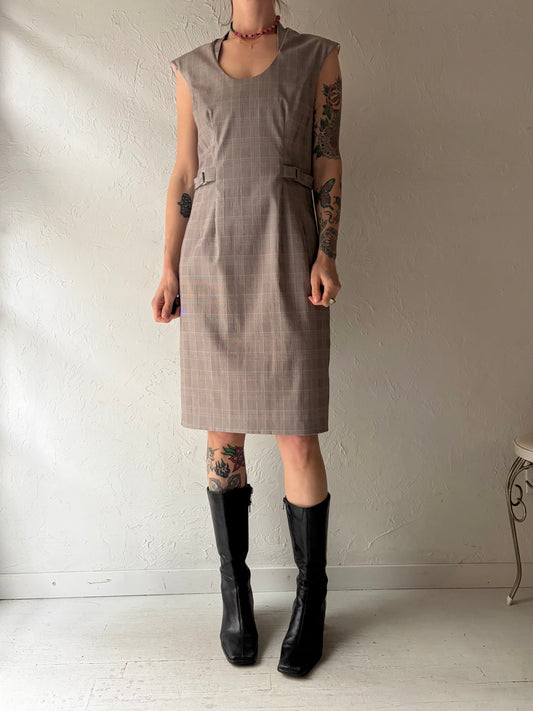 Y2k 'Le Chateau' Grey & Pink Plaid Preppy Academia Dress / Vintage 2000s Retro Office Wear Midi Dress / Medium