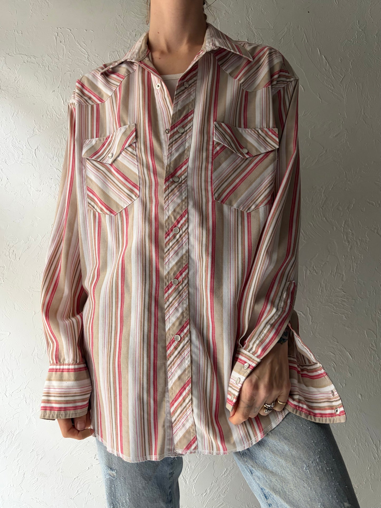 Y2k 'Wrangler' Pink Striped Pearl Snap Shirt / Large