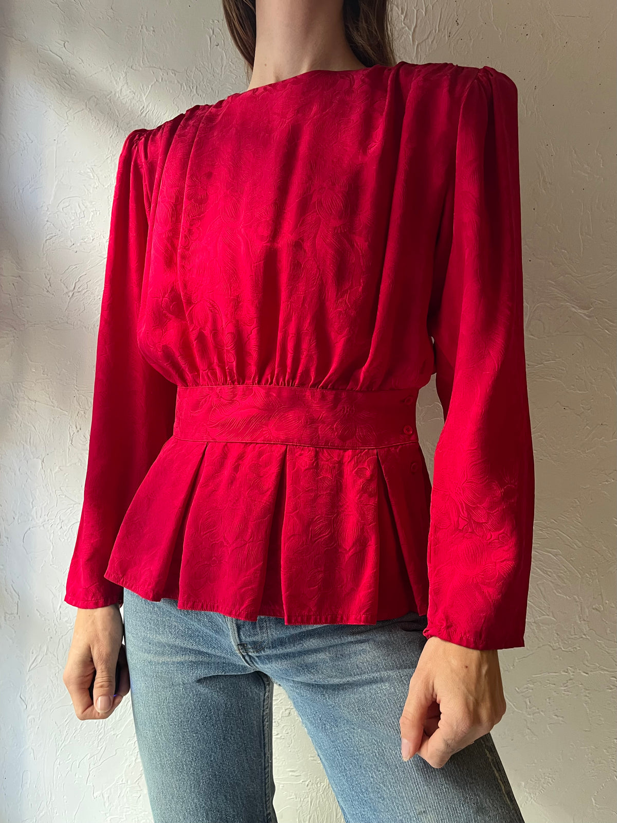 90s 'Argenti' Red Silk Peplum Blouse / Small