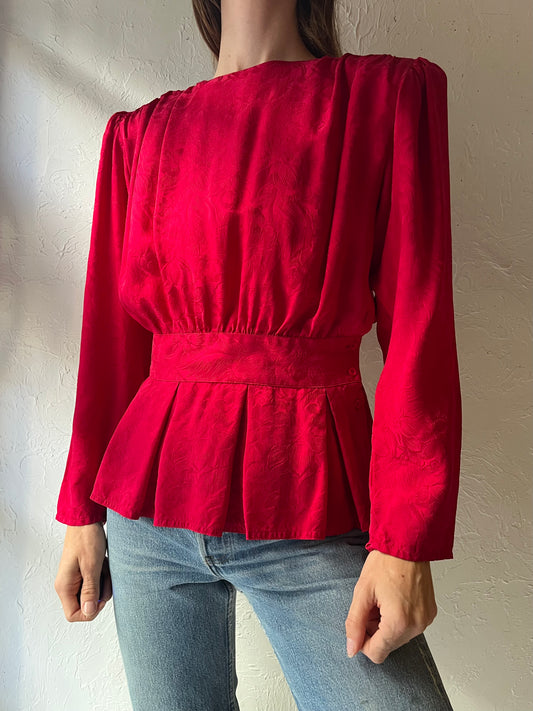 90s 'Argenti' Red Silk Peplum Blouse / Small