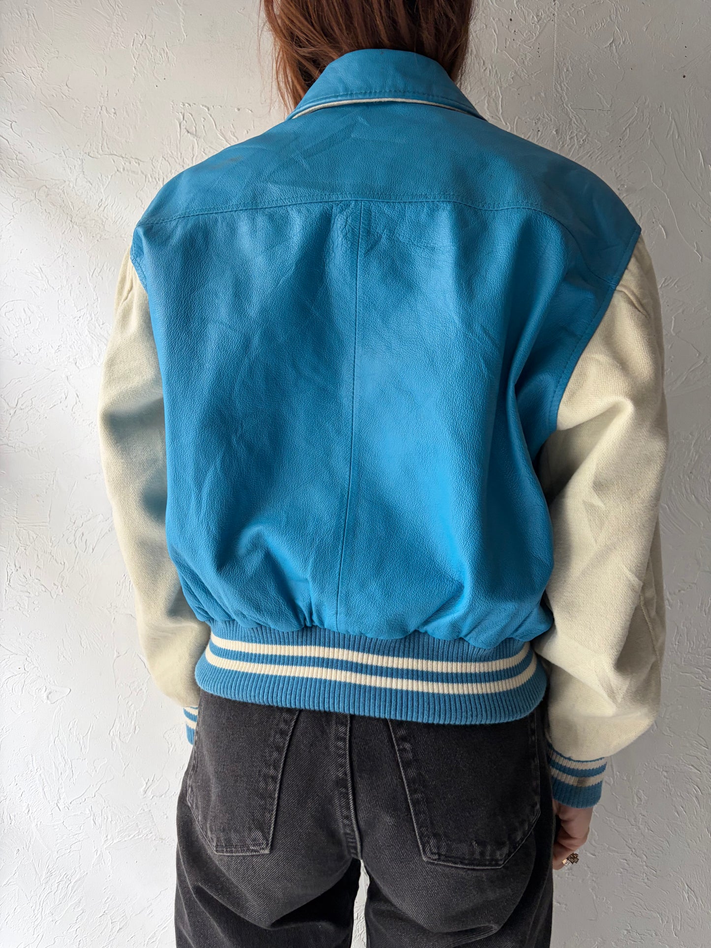 80s 'Wilsons' Blue & White Varsity Leather Bomber Jacket / Vintage 1980s Retro Letterman Style Jacket / XS