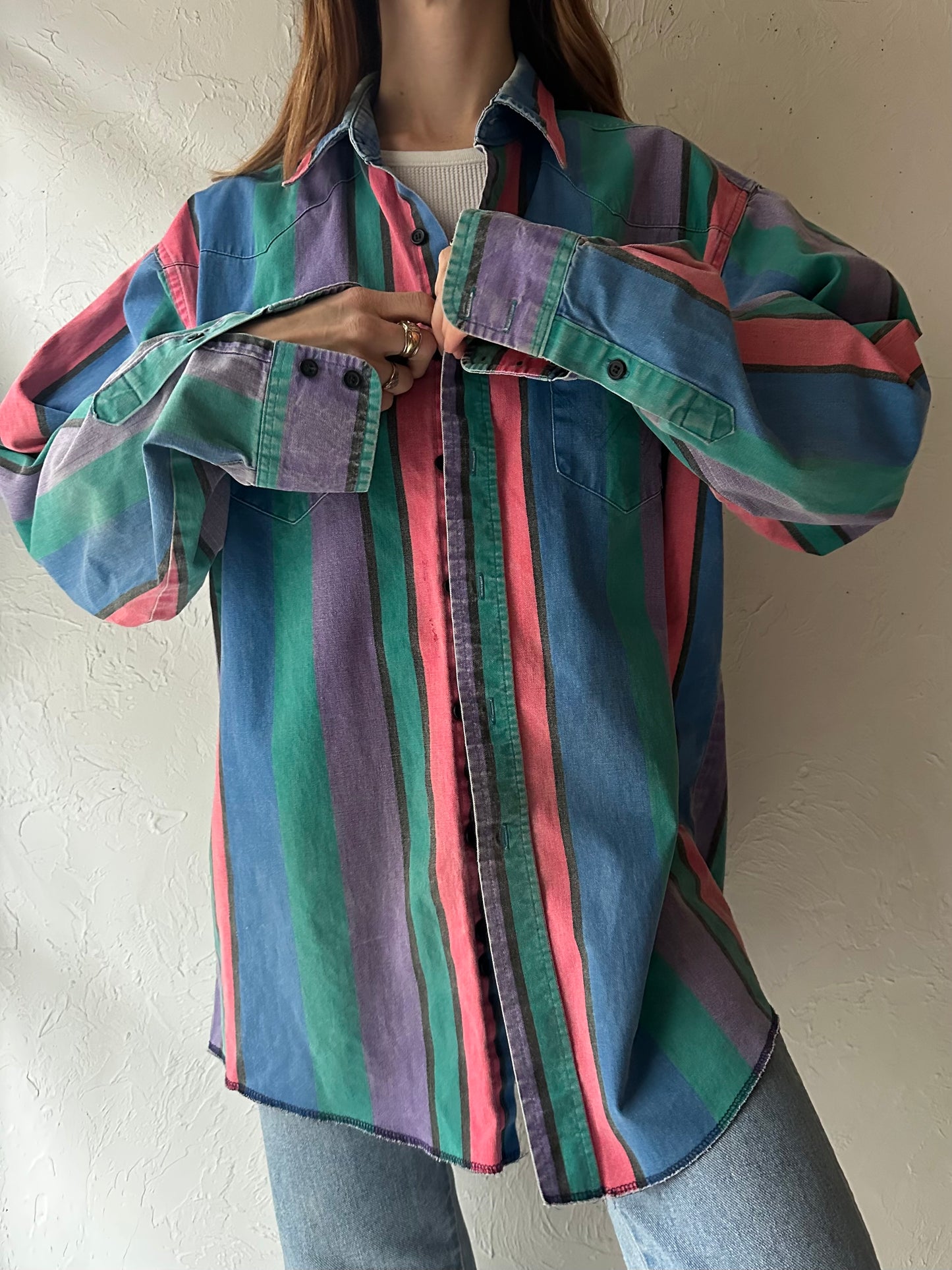 90s ‘Wrangler’ Rainbow Striped Thick Cotton Western Shirt / Large