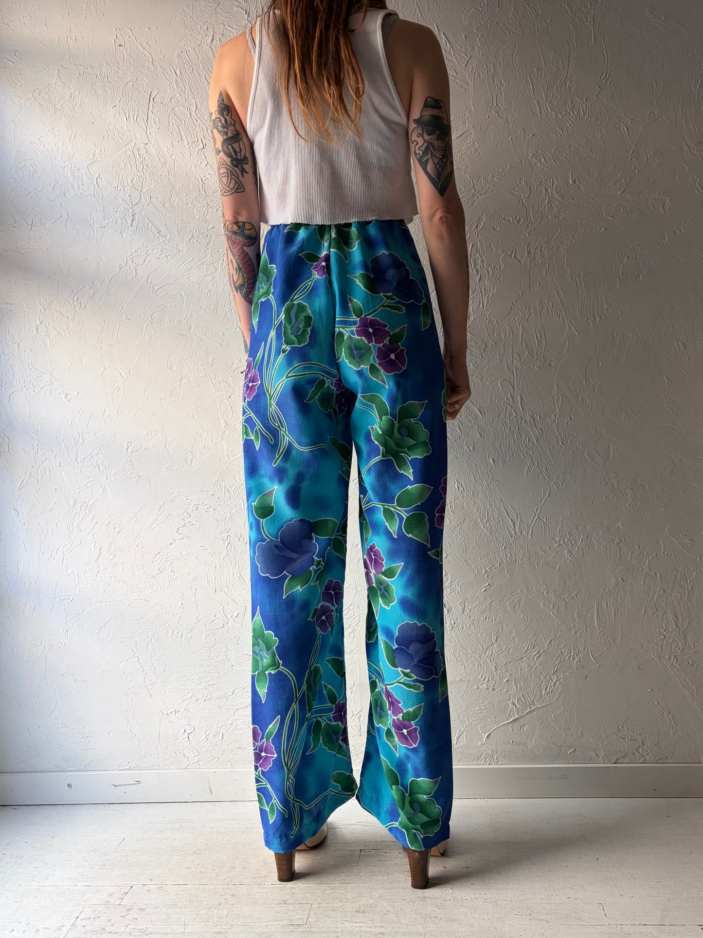 90s 'Jessica' Blue Floral Beach Pants / Medium
