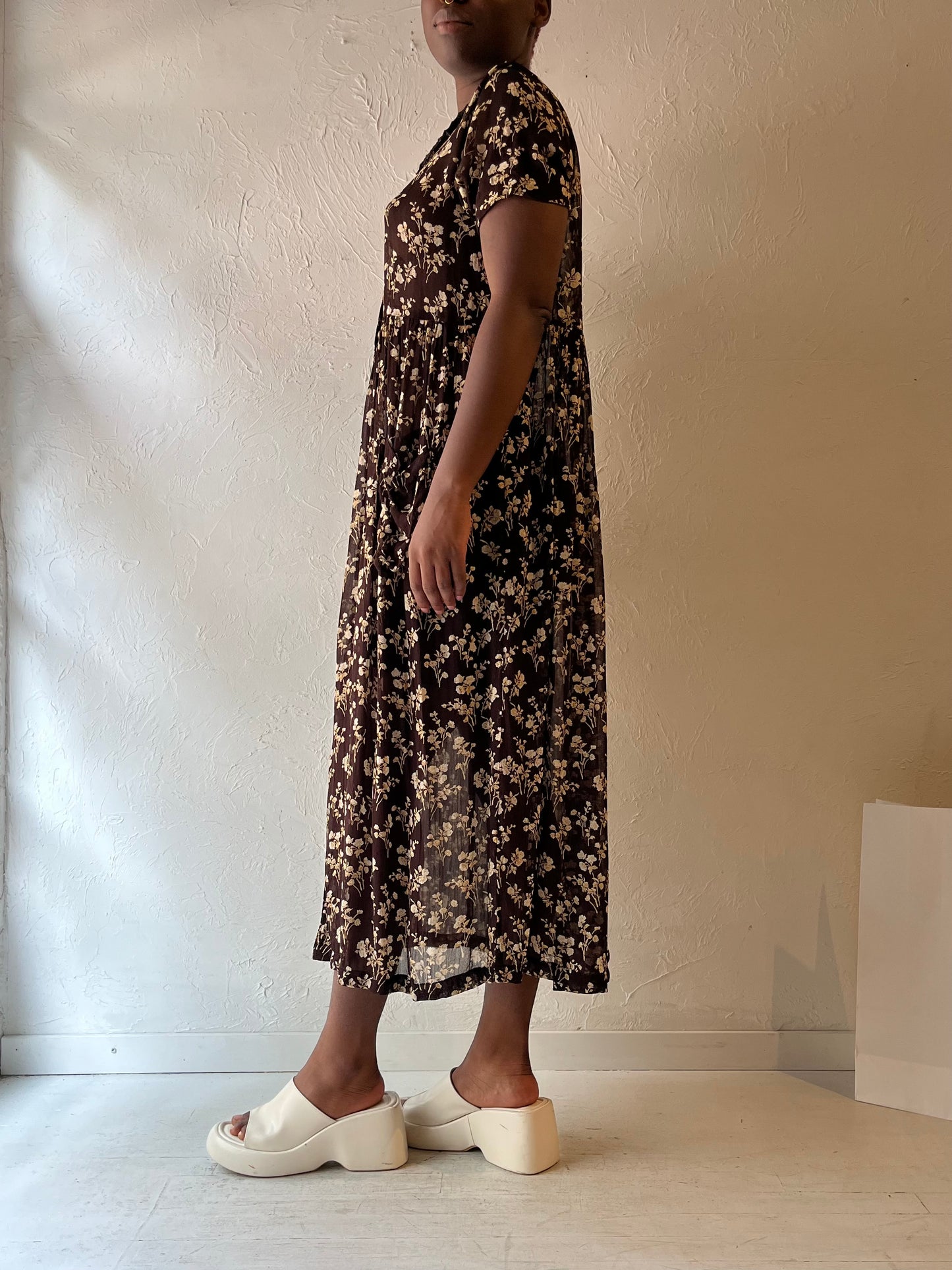 90s 'April Cornell' Brown Floral Print Rayon Midi Dress / Large