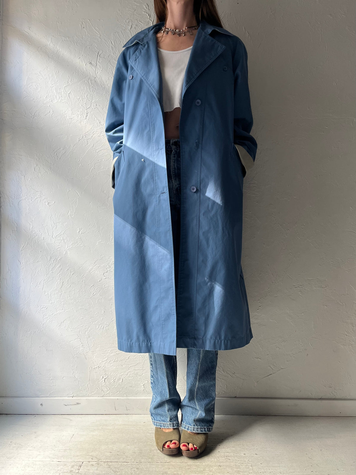 90s 'Niccolini' Blue Minimalist Old Money Academia Fall Trench Coat / Medium