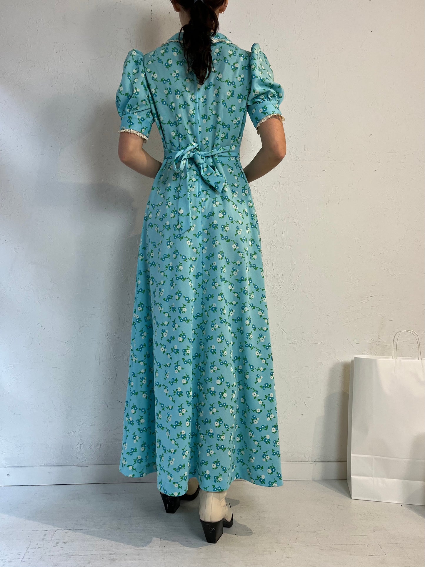 Vintage Handmade Blue Floral Peasant Dress / Small