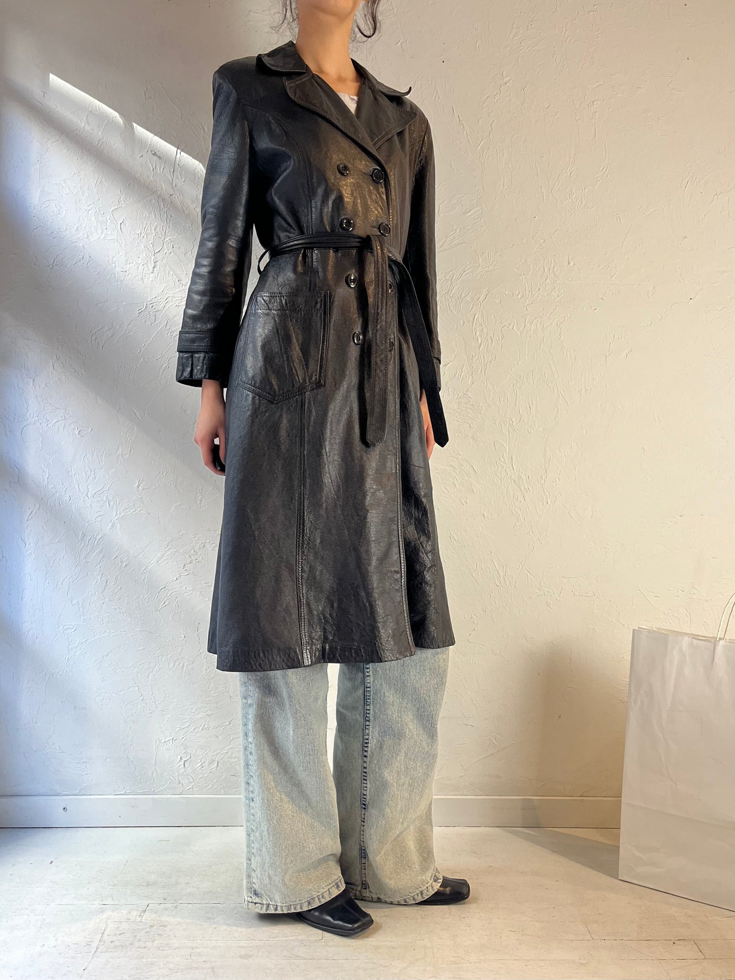 Vintage Black Leather Trench Coat / Small