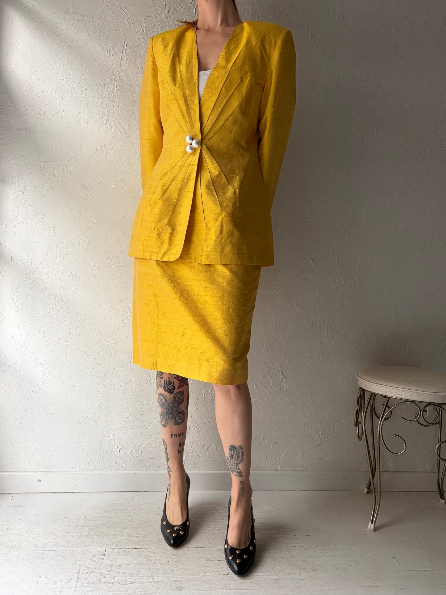 80s 'Raffinati' Two Piece Yellow Silk Suit Skirt Set / Small