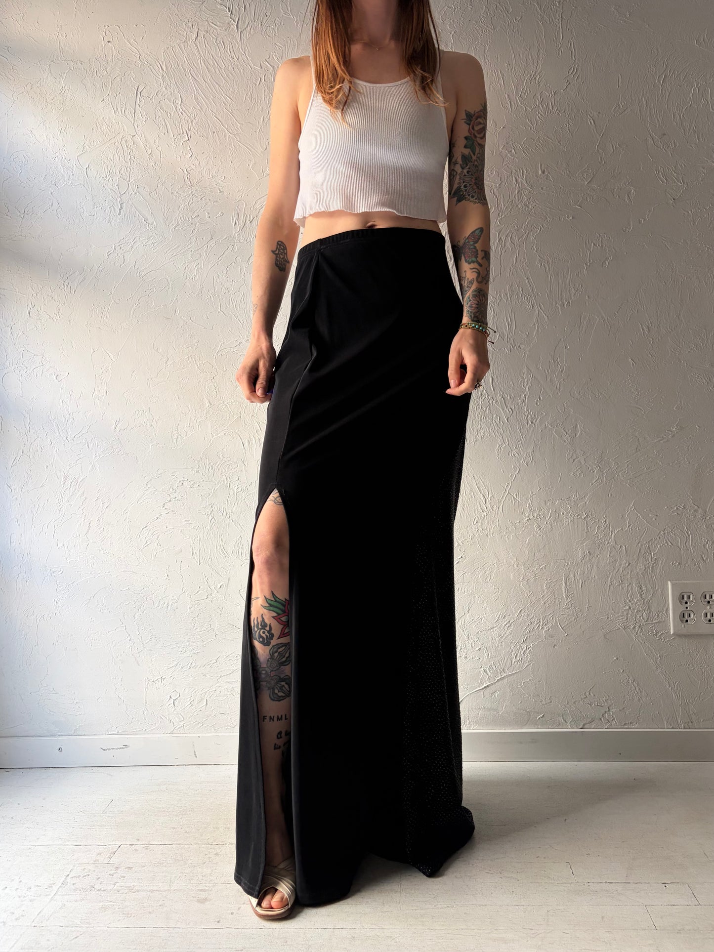 90s 'Cache' Black Slinky Maxi Skirt / Large
