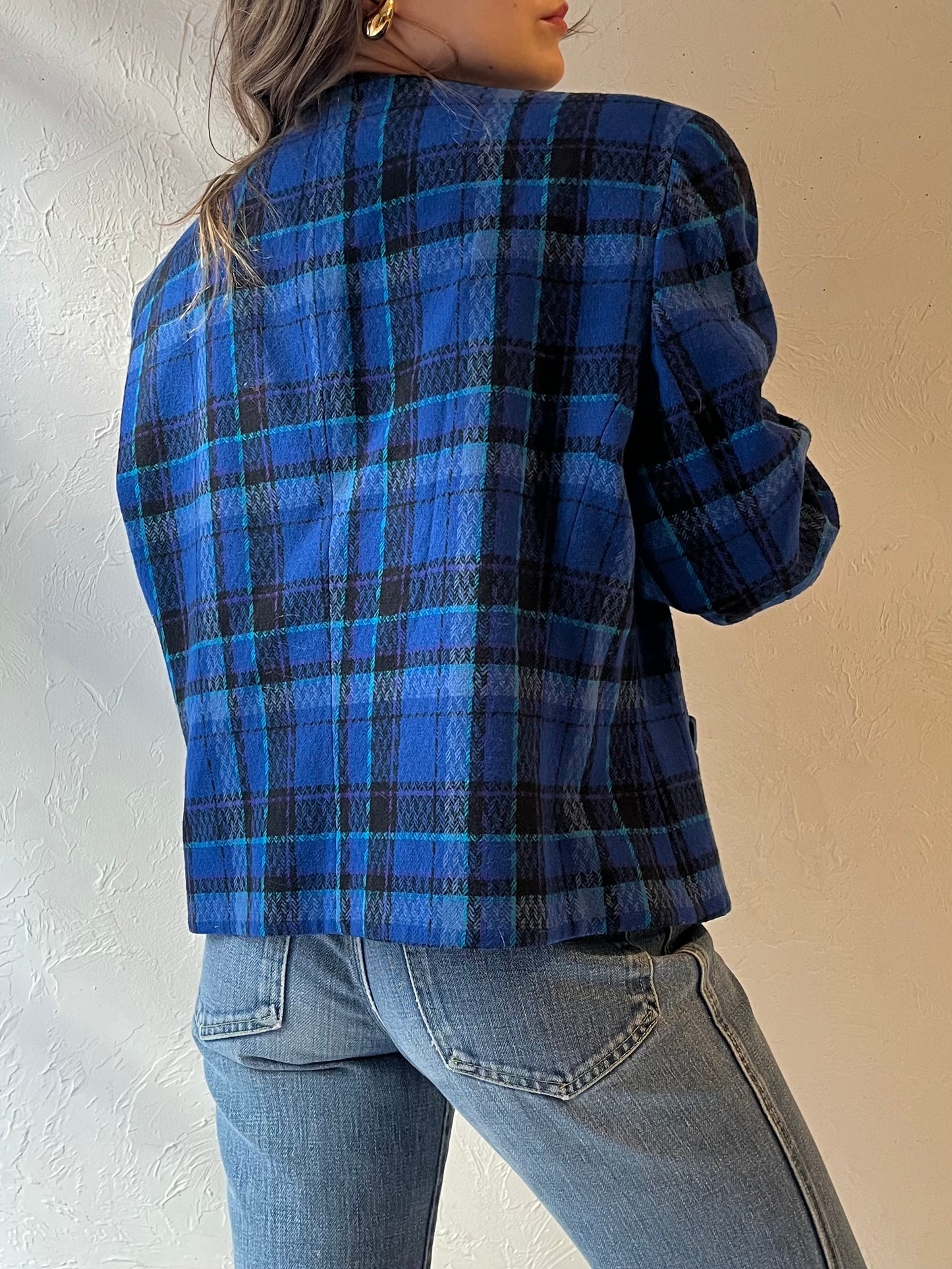 80s ‘Pendleton’ Blue Plaid Knit Wool Jacket / Large