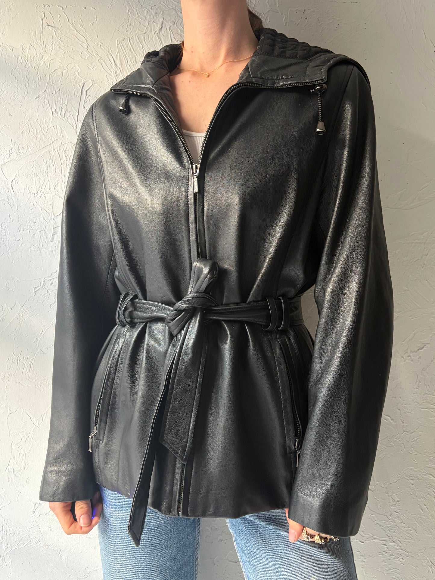 Y2k 'Maurices' Black Leather Hooded Minimalist Jacket / Vintage 2000s Zip Up Grunge Streetwear Outerwear / Medium
