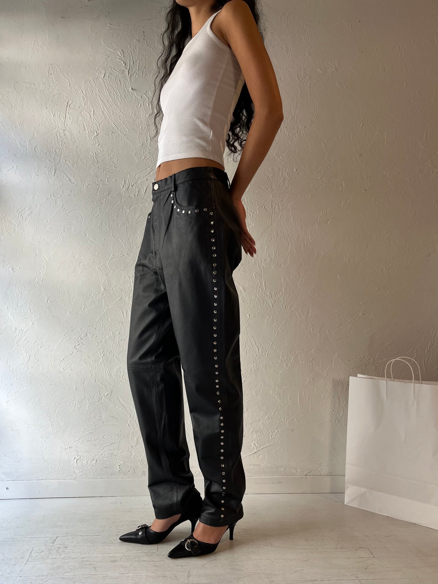 90s 'Newport News' Black Leather Pants / Medium