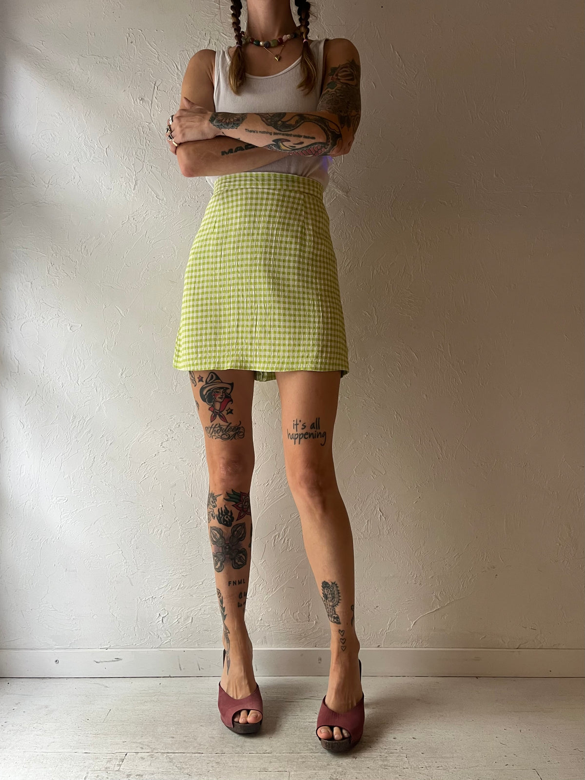 80s Lime Green Gingham High Waisted Checkered Mod Retro Cottagecore Summer Skort / XSmall