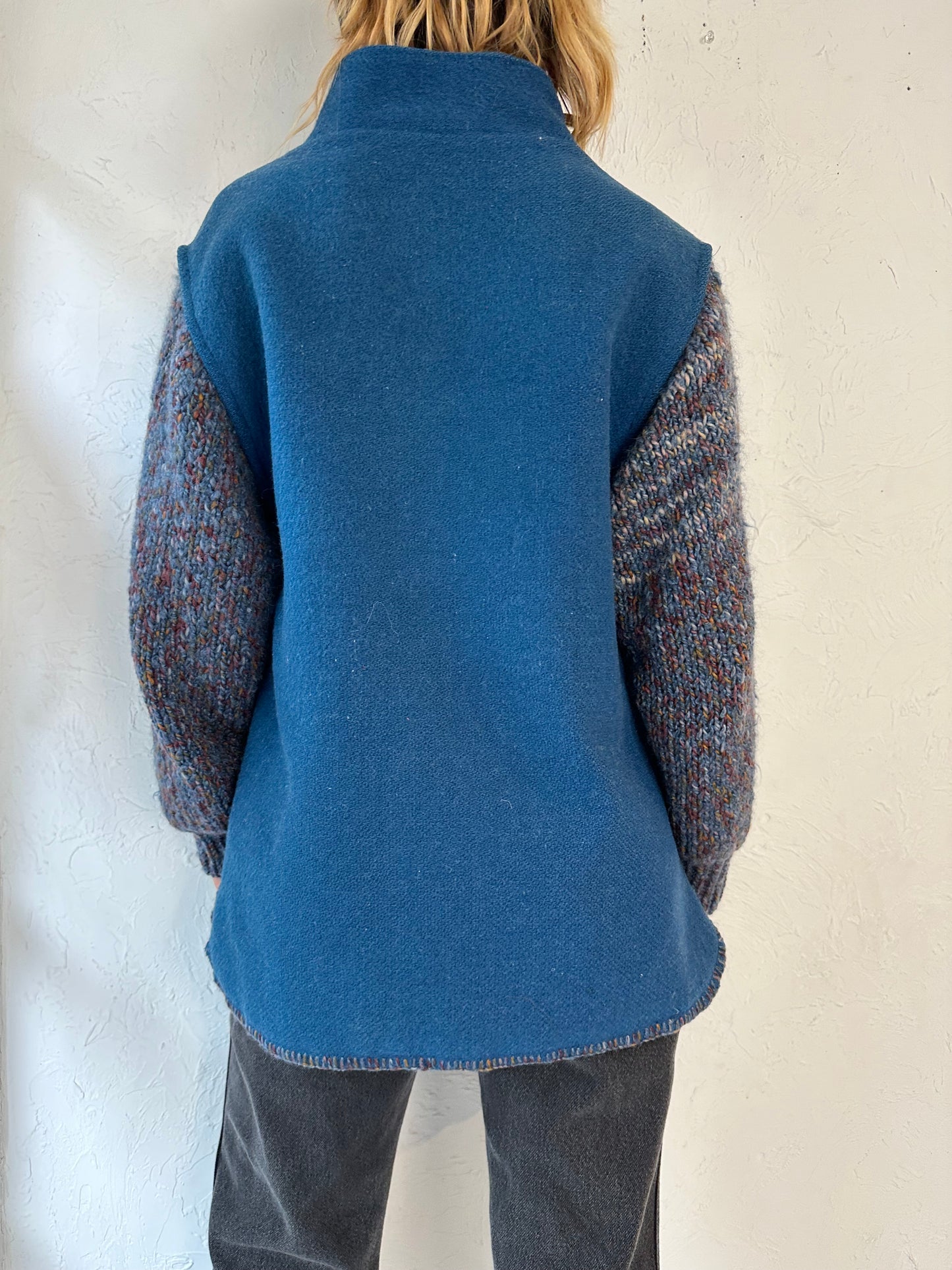 Vintage Hand Knit Wool Jacket with Knit Sleeves / Medium