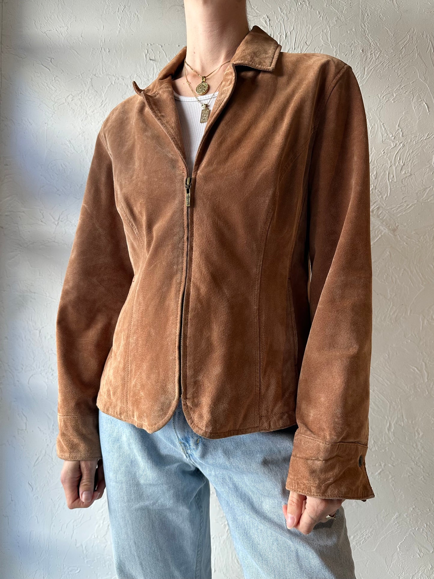 Y2k 'Live A Little' Tan Suede Leather Jacket / Large