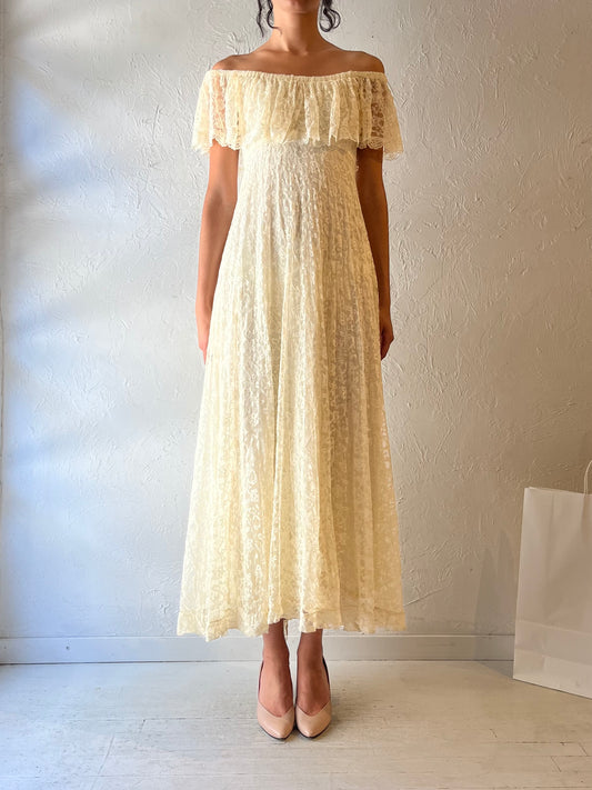 70s Cream Lace Off The Shoulder Dress / Small