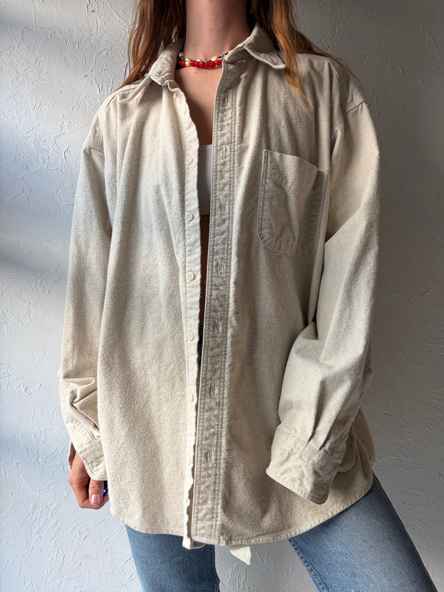 90s 'Woolrich' Cream Thick Cotton Button Up Shirt / Large