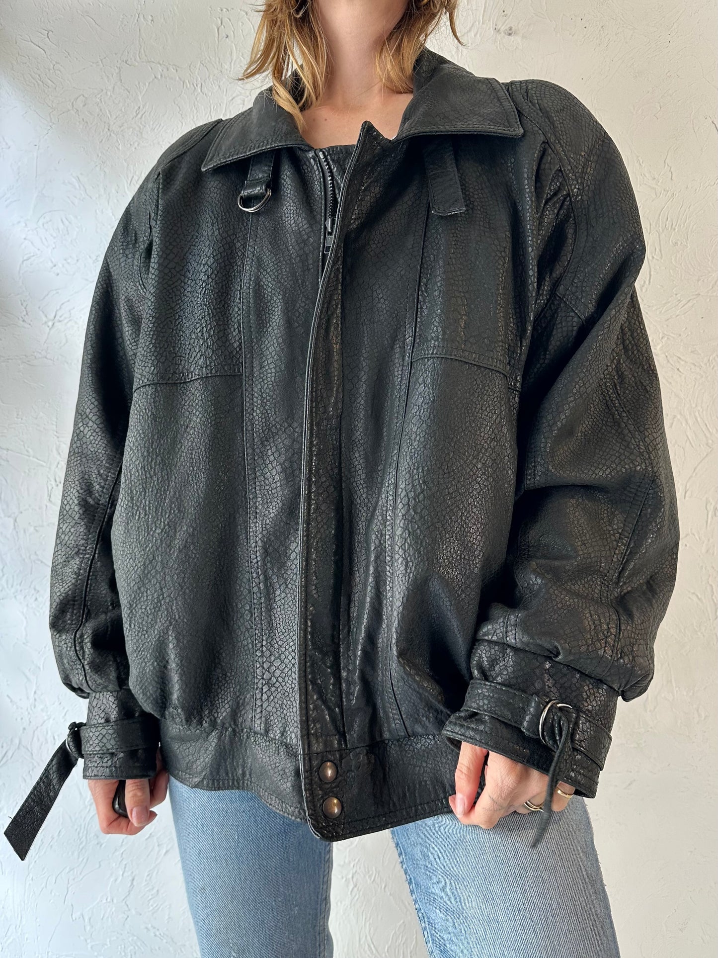 90s 'Boutique of Leathers' Black Snakeskin Bomber Jacket / Large