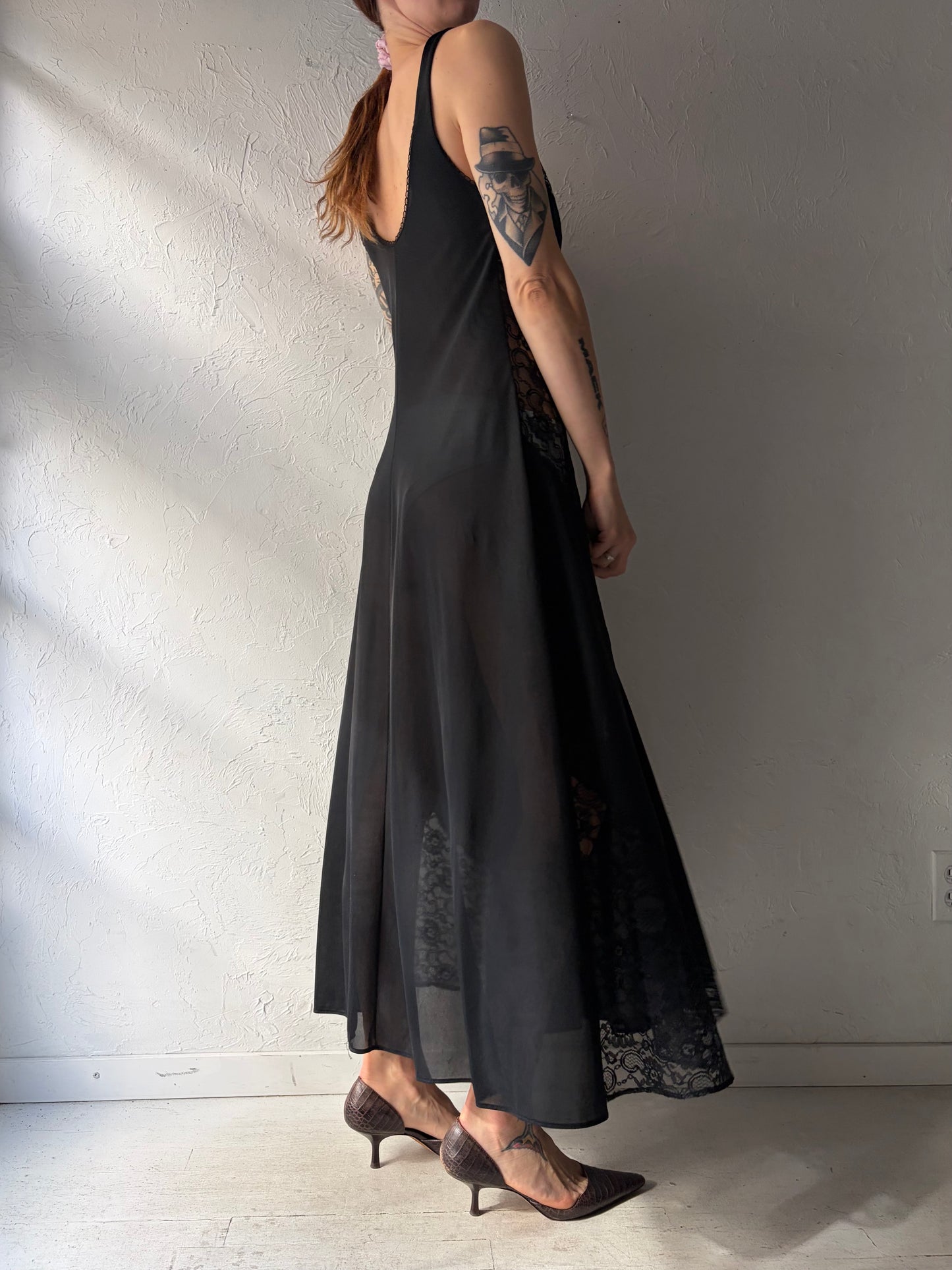 80s Vintage Black Romantic Lace Lingerie Maxi Dress / Gothic Evening Long Dress / Small