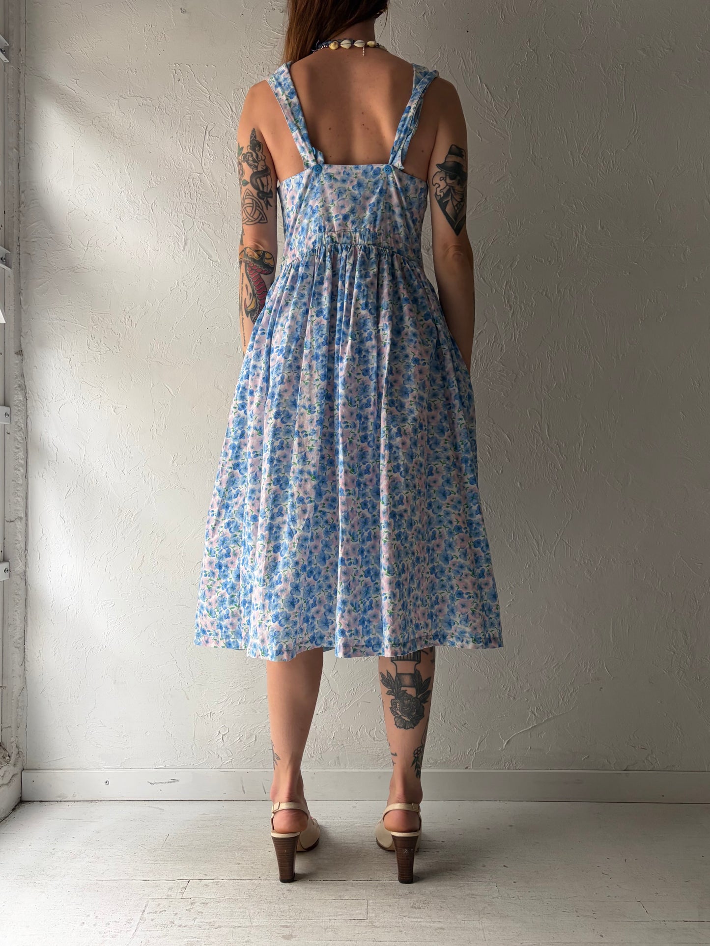 90s 'Mikado' Blue Floral Spring Dress / Small