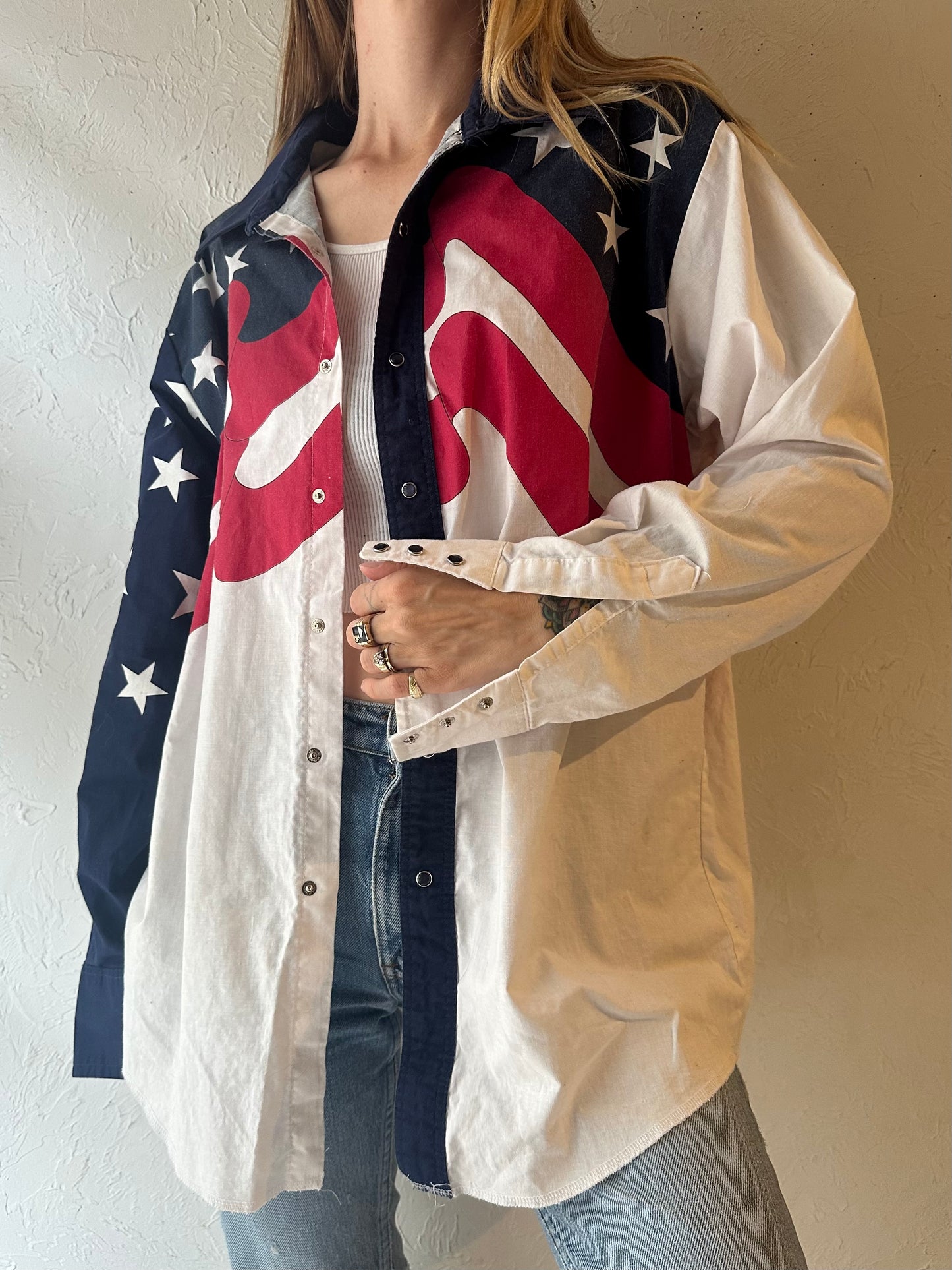 90s 'Wrangler' Cotton Western Pearl Snap Shirt / Large