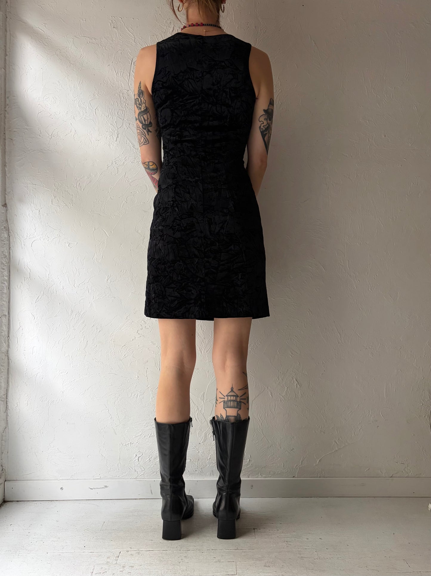 90s 'Esprit' Vintage Black Crushed Velvet Mini Dress / Small