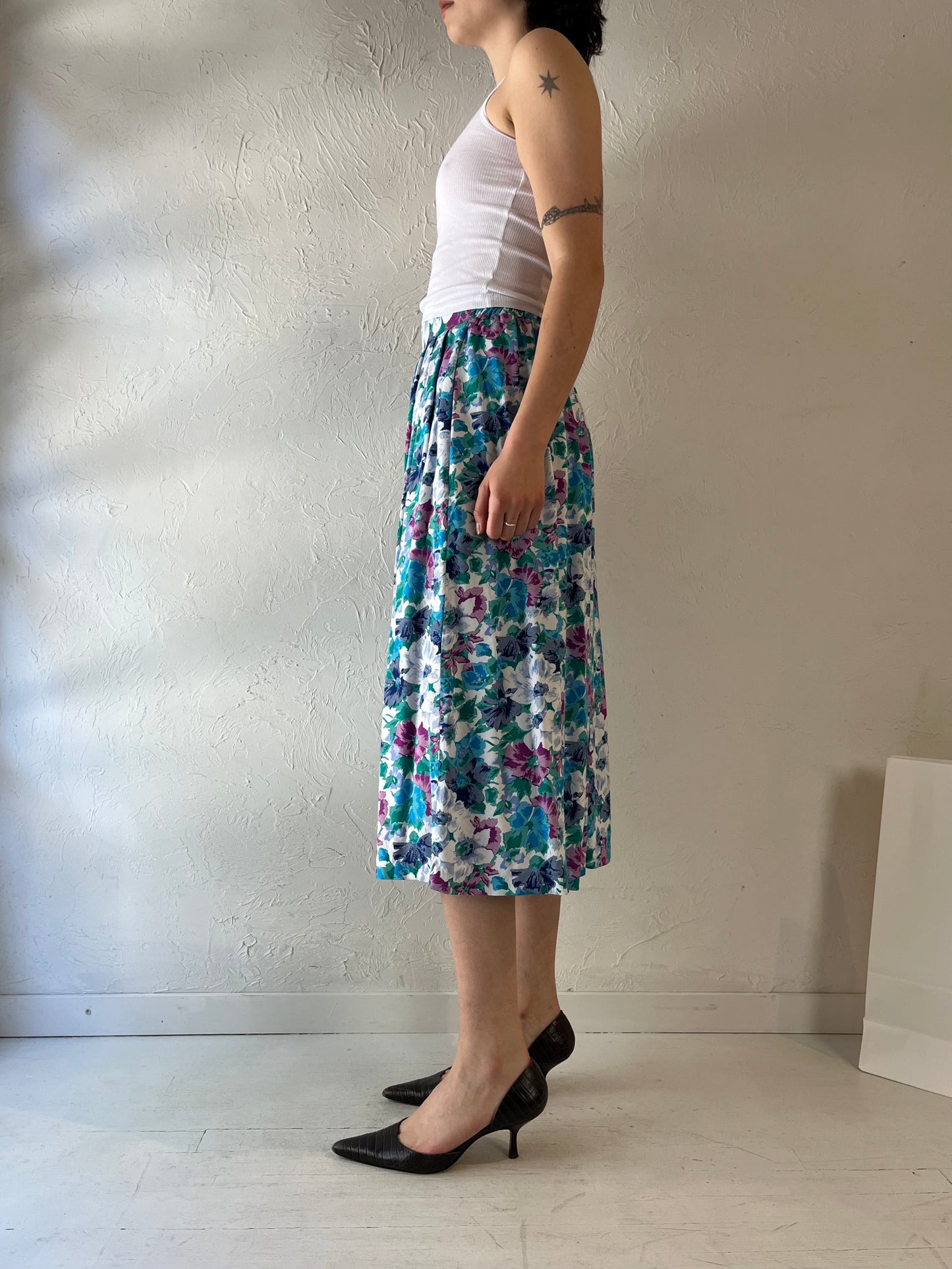 80s '180 Sauve' Patterned Rayon Midi Skirt / Small