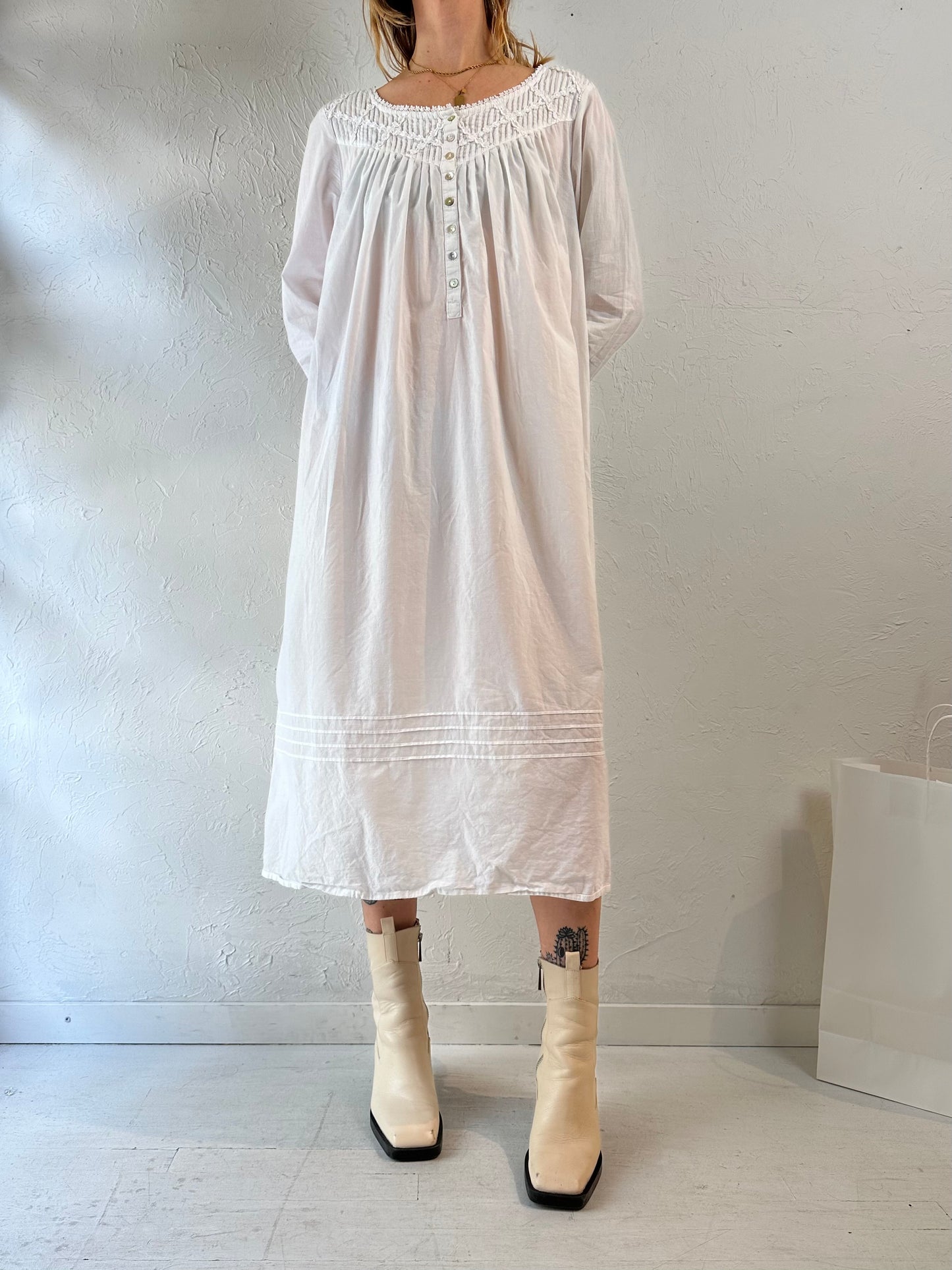 Y2k 'Eileen West' White Cotton Long Sleeve Midi Dress / Small