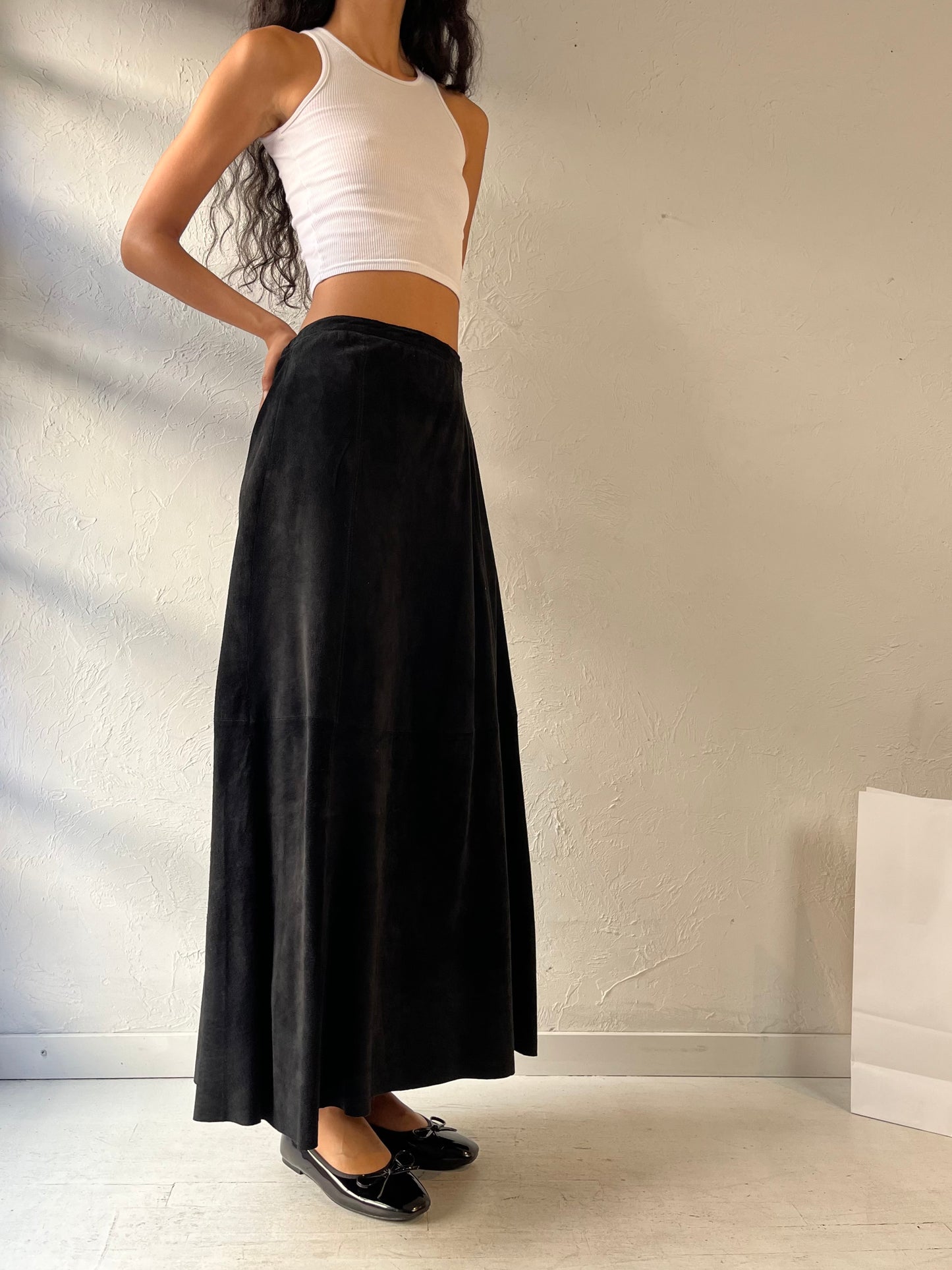 90s ‘Chicos’ Long Black Suede Skirt / Small