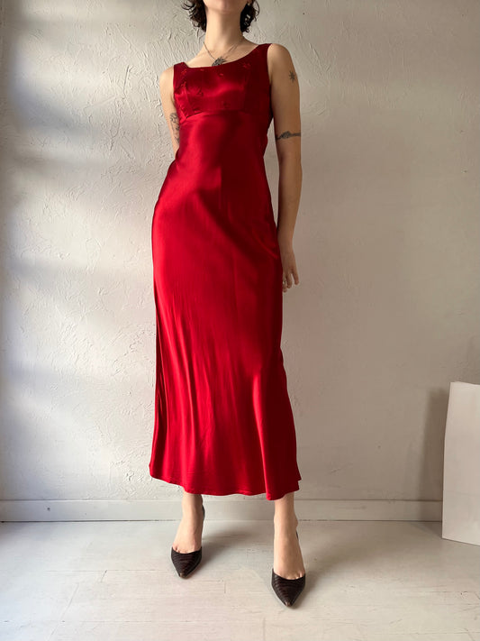 90s 'Rampage' Red Silky Evening Dress / Small