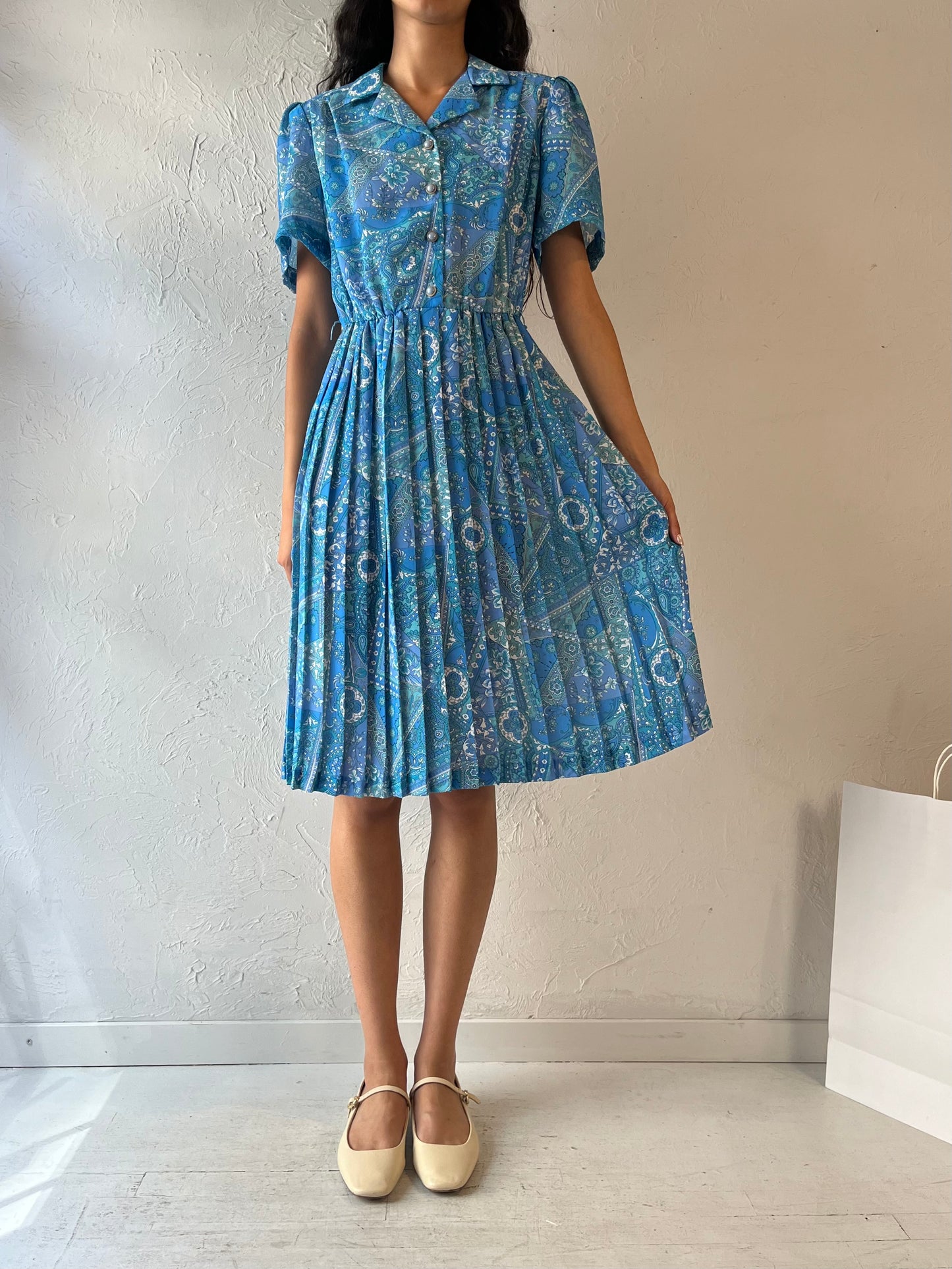 80s 'Leo Damal' Blue Paisley Midi Dress / Small