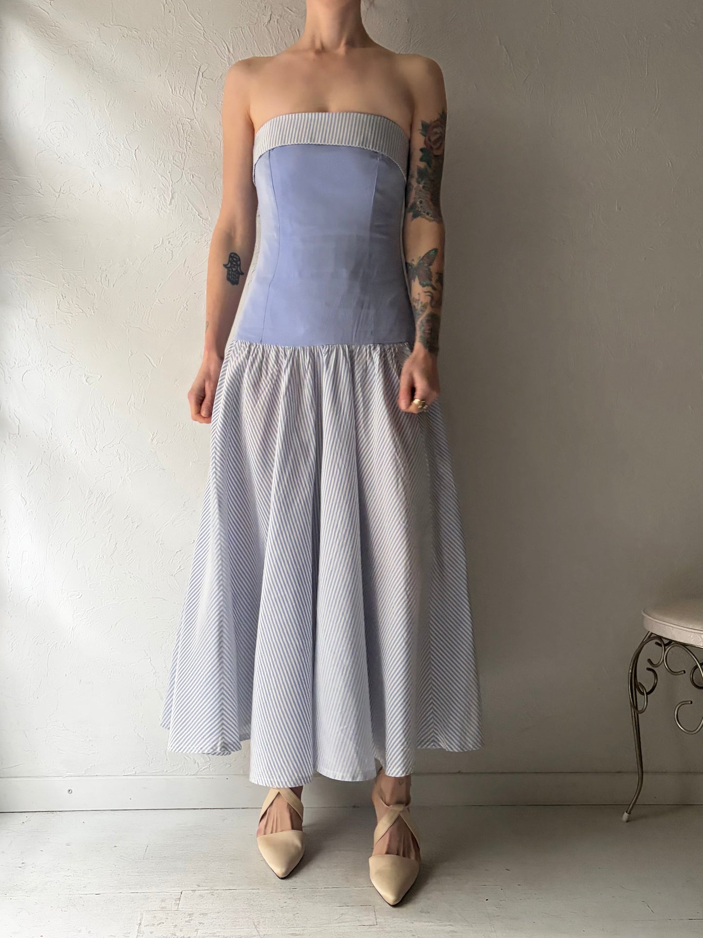 80s 'Laura Ashley' Strapless Drop Waist Dress / Small - Medium